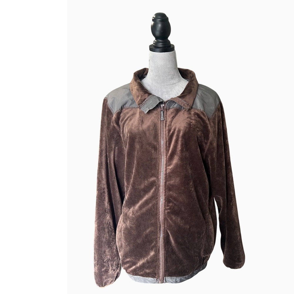 U.S. Life Mens XL Brown Fleece Jacket Full Zip Gray Trim Mock Neck Warm‎